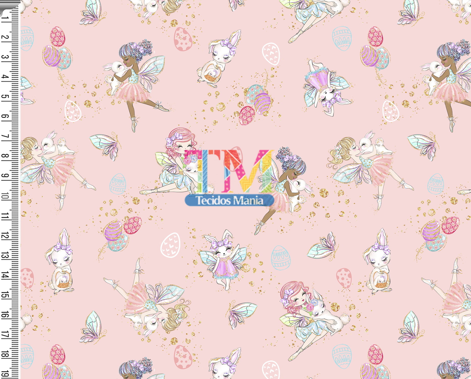 Sintético doll estampado - Coelho e Fadas - fundo rosa